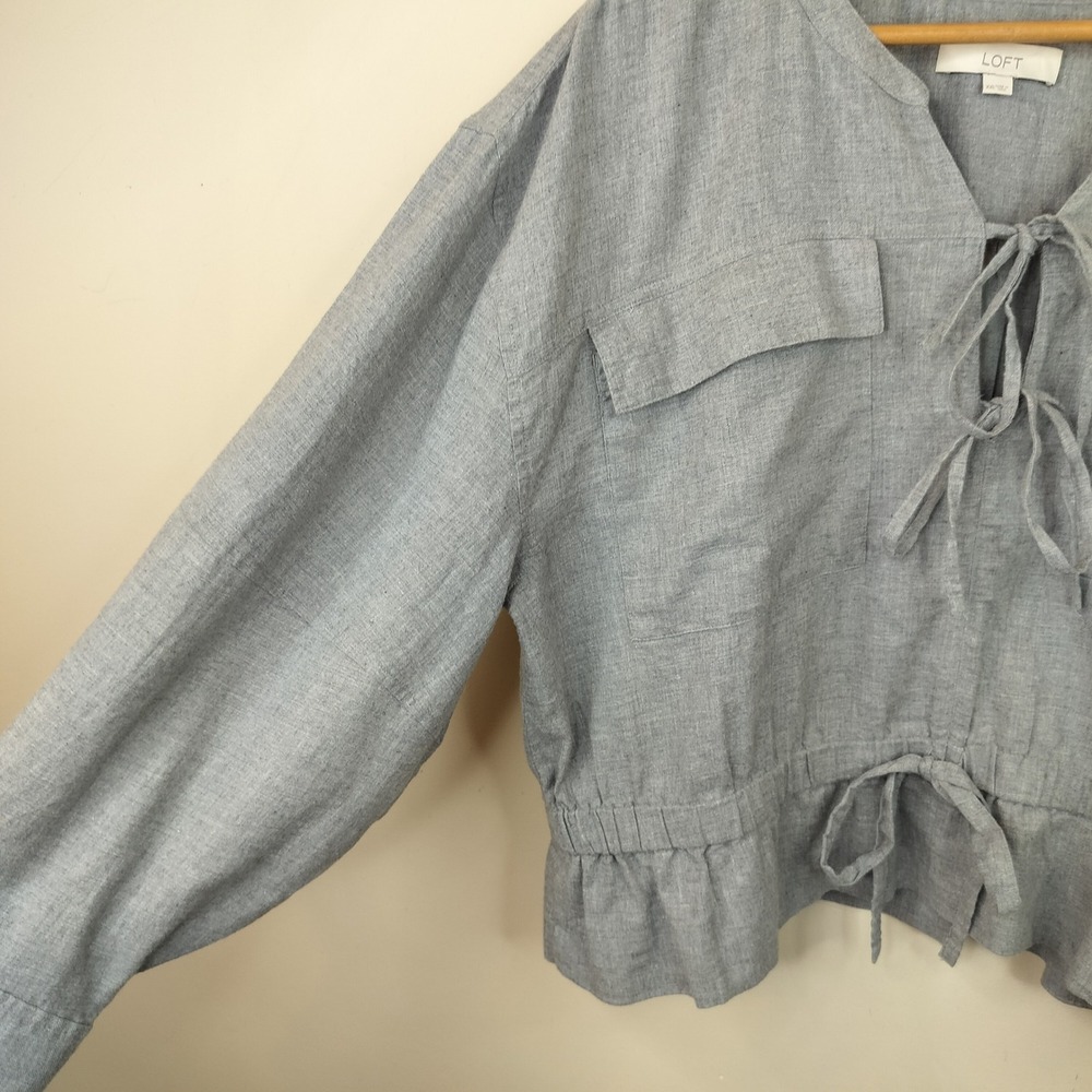 LOFT Blouse XXL Tie Front Balloon Sleeve Utility Casual Gray Cotton - Picture 4 of 11